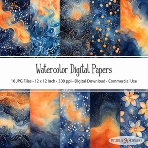 Navy Blue & Orange Digital Papers - Watercolor Backgrounds - 10 JPG Files - 300 PPI - 12x12" - Commercial Use