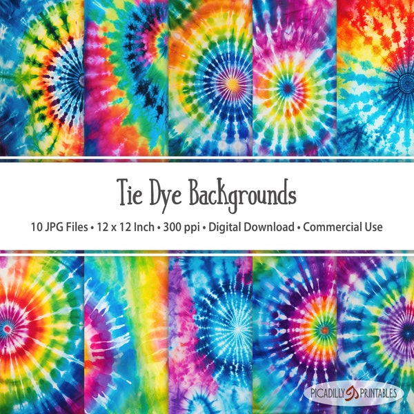 Tie Dye Background Images, Multi-Color Rainbow - 10 JPG Files - 300 PPI - 12x12" - Commercial Use Allowed