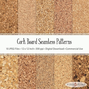 May include: A collection of ten seamless cork board patterns in various shades of brown and tan. The image includes the text Cork Board Seamless Patterns, 10 JPEG Files, 12 x 12 Inch, 300 ppi, Digital Download, Commercial Use, and Picadilly Printables.