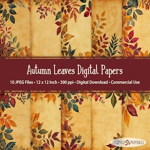 Papeles digitales de hojas de otoño - Imágenes de fondo con temática otoñal en tonos naranja, rojo y dorado - 10 archivos JPEG - 300 ppp - 30x30 cm - Uso comercial