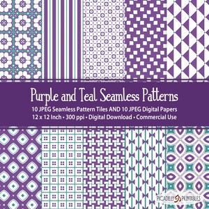 Puede incluir: Un conjunto de 10 azulejos de patrones sin costuras de color morado y turquesa y 10 papeles digitales. Cada patrón mide 30,5 cm por 30,5 cm y 300 píxeles por pulgada. Los patrones están disponibles para descarga digital y uso comercial.