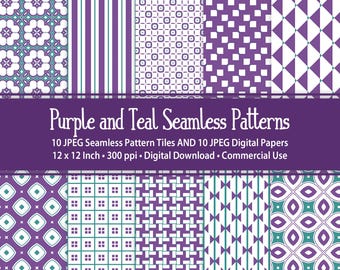 Purple & Teal Seamless Patterns - 20 Coordinating Papers 12" x 12" (Digital Download)