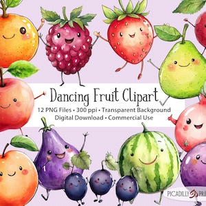 May include: A set of 12 digital clipart images of various fruits with smiling faces, each fruit is dancing. The fruits include a red apple, a green pear, a red strawberry, a red cherry, a purple eggplant, a watermelon, a pomegranate, a raspberry, a plum, a mandarin orange, and a bunch of blackberries. The background is a light purple watercolor wash.