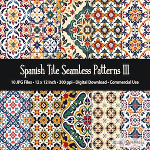 May include: Ten digital seamless patterns featuring colorful Spanish tile designs. Each pattern is 12 inches by 12 inches and 300 pixels per inch.
