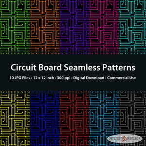 Puede incluir: Una descarga digital con patrones de circuitos integrados sin costuras en varios colores, incluyendo verde, naranja, morado y azul. La imagen incluye el texto "Circuit Board Seamless Patterns" y detalles sobre los archivos, 30.48 x 30.48 cm.