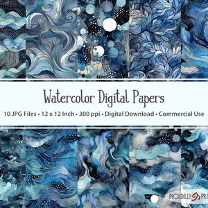 Blauw en grijs op zwart digitaal papier - aquarel achtergronden - 10 JPG-bestanden - 300 PPI - 12 x 12" - commercieel gebruik