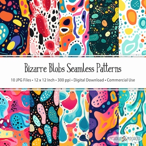 May include: Ten digital seamless patterns featuring colorful abstract blobs on various backgrounds. The patterns are 12 inches by 12 inches and 300 pixels per inch.