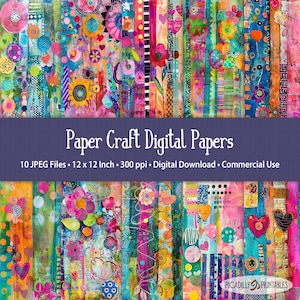 Könnte beinhalten: Ein Set mit 10 digitalen Papierdesigns mit bunten abstrakten Mustern mit Blumen, Herzen und Streifen. Die Papiere sind 30,5 cm x 30,5 cm groß und haben eine Auflösung von 300 dpi.