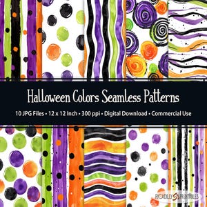 May include: Ten digital seamless patterns in Halloween colours. The patterns include stripes, polka dots, and swirls in orange, green, purple, black, and white.