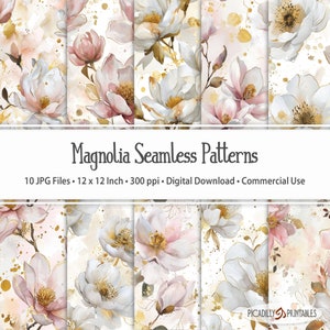 Op de afbeelding: Tien digitale naadloze patronen met aquarel magnolia bloemen in roze en witte tinten met gouden accenten op een witte achtergrond. De patronen zijn 12 inch bij 12 inch en 300 dpi.