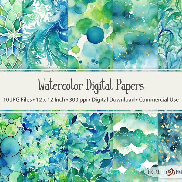 Blue & Green Digital Papers II - Watercolor Backgrounds for Scrapbooking, Card Making - 10 JPG Files - 300 PPI - 12x12" - Commercial Use