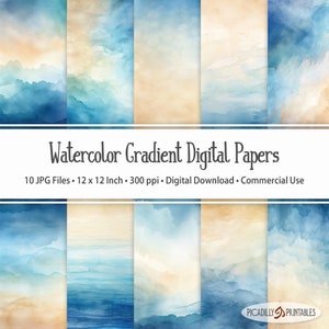 Blue & Beige Gradient Watercolor Digital Papers - Coastal Color Backgrounds - 10 JPG Files - 300 PPI - 12x12" - Commercial Use