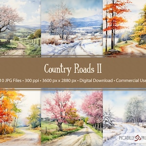 Country Roads 2 - Fundos de estradas de terra em aquarela para scrapbooking, diários, colagens - 10 imagens JPG 300 PPI - 5:4 AR - Uso comercial