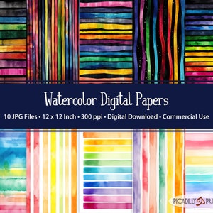 Papiers numériques à rayures arc-en-ciel - Images de fond aquarelles - 10 fichiers JPG - 300 PPI - 12 x 12" - usage Commercial