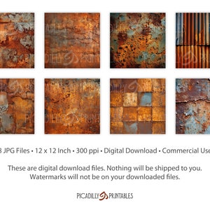 Puede incluir: Conjunto de ocho texturas digitales de metal oxidado para descargar. Cada imagen mide 30,5 cm por 30,5 cm y 300 p&iacute;xeles por pulgada. Las texturas presentan varios tonos de marr&oacute;n, naranja y azul.
