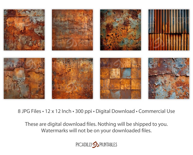 Puede incluir: Conjunto de ocho texturas digitales de metal oxidado para descargar. Cada imagen mide 30,5 cm por 30,5 cm y 300 p&iacute;xeles por pulgada. Las texturas presentan varios tonos de marr&oacute;n, naranja y azul.