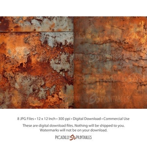 Puede incluir: Una descarga digital de ocho archivos JPG de 30 cm x 30 cm, 300 p&iacute;xeles por pulgada, que muestran una textura de metal oxidado. La textura es una mezcla de colores naranja, marr&oacute;n y gris.