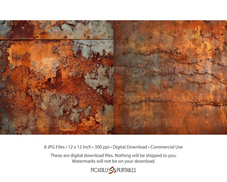 Puede incluir: Una descarga digital de ocho archivos JPG de 30 cm x 30 cm, 300 p&iacute;xeles por pulgada, que muestran una textura de metal oxidado. La textura es una mezcla de colores naranja, marr&oacute;n y gris.