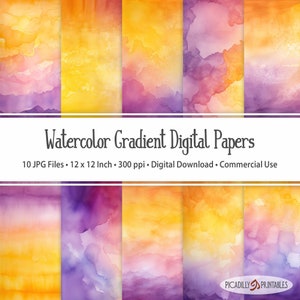 Lila & Gelb Farbverlauf Aquarell Digitale Papiere Hintergründe - 10 JPG-Dateien - 300 PPI - 12x12 "- Kommerzielle Nutzung