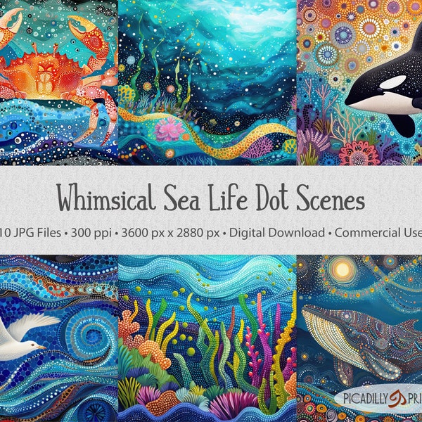 Whimsical Ocean Sea Life Dot Scenes - Fun Polka-Dot Accented Backgrounds - 10 JPG Images 300 PPI - 5:4 AR - Commercial Use