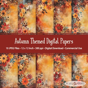Papeles digitales con temática otoñal - Imágenes de fondo florales otoñales - 10 archivos JPEG - 300 ppp - 30x30 cm - Uso comercial