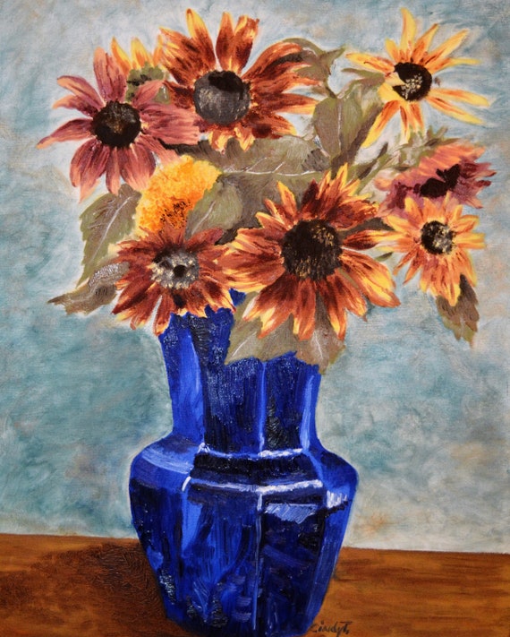 Original Oil Painting Sunflowers In Blue Vase Etsy