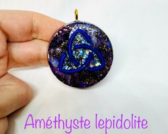 amethyste et lepidolite - haute qualité -symbole triquetra effet diamant - soulage la  crise de panique et ouvre les poumons