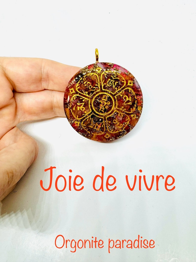 Orgonite joie de vivre symbole om mani padme hum effet diamant lustré apporte joie de vivre et confiance en soi image 1