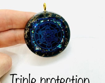 triple protection - obsidienne, tourmaline , shungite - symbole metatron effet diamant lustré - orgonite de netoyage et protection