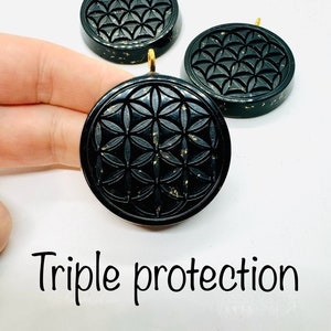 triple protection obsidienne, tourmaline , shungite symbole fleur de vie orgonite de nettoyage et de protection image 2