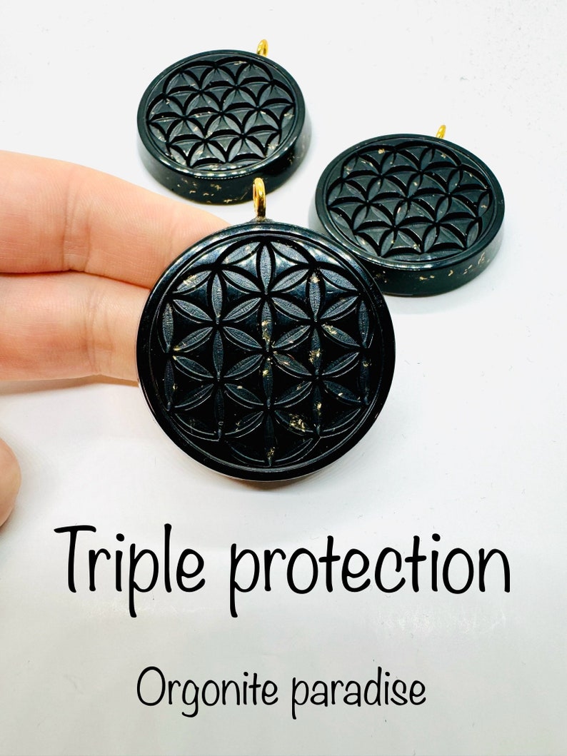 triple protection obsidienne, tourmaline , shungite symbole fleur de vie orgonite de nettoyage et de protection image 2