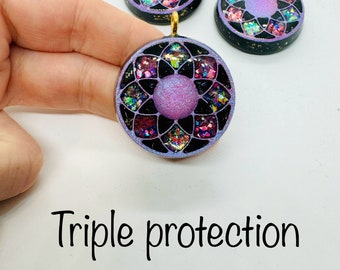 triple protection - obsidian, tourmaline, shungite - lotus flower symbol with lustrous diamond effect - orgonite for cleaning and protection