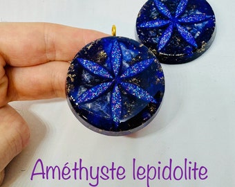 amethyste et lepidolite - haute qualité -symbole graine de vie   effet diamant - soulage la  crise de panique et ouvre les poumons