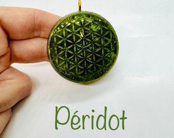 peridot - flower of life symbol with lustrous diamond effect - relieves jealousy and bipolar.