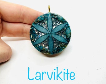 larvikite - high quality - seed of life symbol with lustrous diamond effect - Protection of the mind