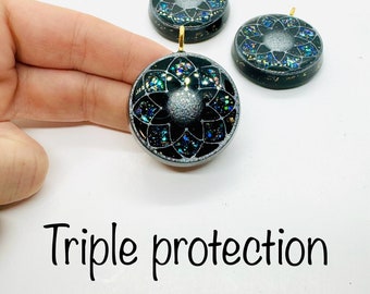 triple protección - obsidiana, turmalina, shungit - símbolo de la flor de loto con efecto de diamante brillante - orgonita para limpieza y protección