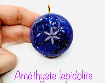 amethyste et lepidolite - haute qualité -symbole fleur de vie effet diamant - soulage la  crise de panique et ouvre les poumons