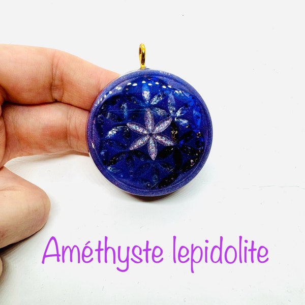 amethyste et lepidolite - haute qualité -symbole fleur de vie effet diamant - soulage la  crise de panique et ouvre les poumons
