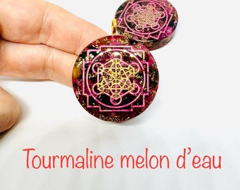 Tourmaline melon d’eau symbole metatron 4cm effet diamant lustré   - Super activateur du Chakra du coeur