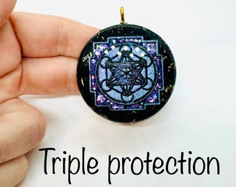 triple protection - obsidienne, tourmaline , shungite - symbole metatron effet diamant lustré - orgonite de netoyage et protection