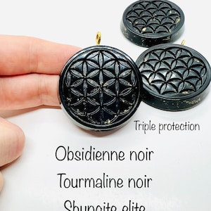 triple protection obsidienne, tourmaline , shungite symbole fleur de vie orgonite de nettoyage et de protection image 1