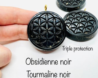 triple protección - obsidiana, turmalina, shungit - símbolo de la flor de la vida - orgonita para limpieza y protección