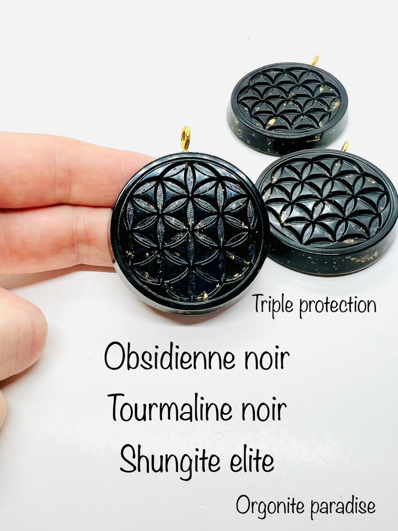 triple protection obsidienne, tourmaline , shungite symbole fleur de vie orgonite de nettoyage et de protection image 1