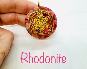 rhodonite -  symbole metatron 4cm effet diamant lustré  - apporte équilibre émotionnel -  orgonite