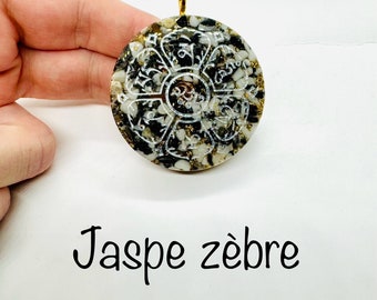Zebra jasper - om mani padme hum symbol - lustrous diamond effect - stone of courage and protection