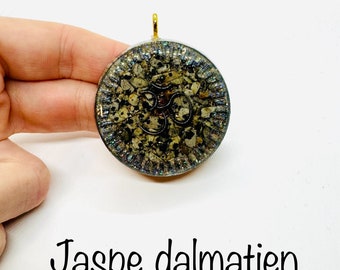 Dalmatian jasper - om/mandala symbol - lustrous diamond effect - stone of goal visualization
