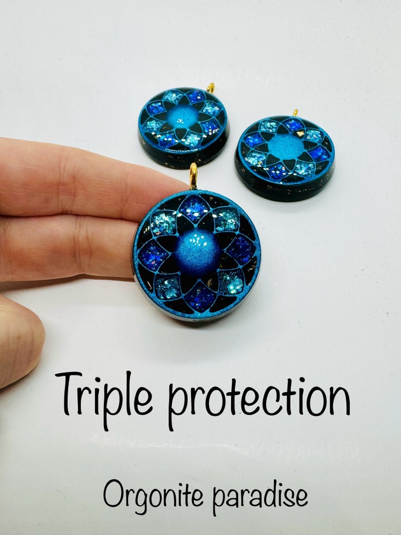 triple protection obsidian, tourmaline, shungite lotus flower symbol with lustrous diamond effect orgonite for cleaning and protection image 1