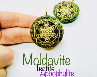 MOLDAVITE, tectite , appophylite et diamant d’herkimer- tres puissant (full cuivre )- symbole metatron  - amplifié vos dons spirituel