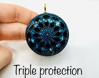 triple protection - obsidienne, tourmaline , shungite - symbole fleur de lotus effet diamant lustré - orgonite de netoyage et protection