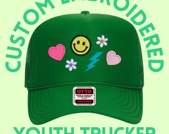 Custom Kids Trucker Hat , Personalized Youth Mesh Cap , Embroidered Kid Hat For Sports School and Family Events ,  Small business merch